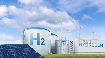 Green hydrogen factory concept. Hydrogen production from renewable energy sources.