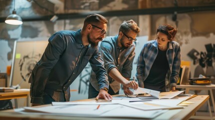 Entrepreneurs collaborating with an architect in an empty office space, using 3D models and sketches to plan their business layout and design