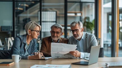 Financial planner meeting with a middle-aged couple to discuss their retirement goals, using digital presentations, modern and professional office, couple taking notes