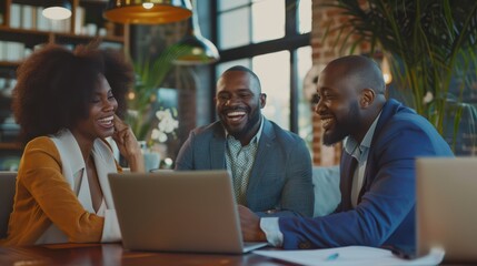 Happy couple meeting with their real estate agent in a beautifully decorated office, excitedly discussing their future home options