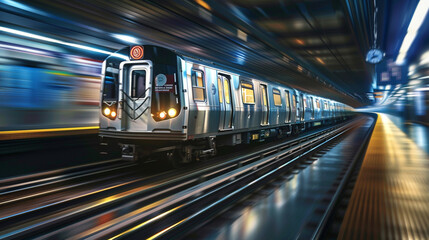 Obraz premium Blurred image of a metro speeding on its way to a destination in the city.