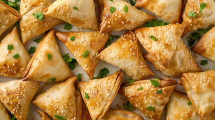A close-up view of freshly baked samosas, garnished with sesame seeds and cilantro leaves, arranged closely.