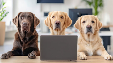 Three Labrador dogs of varying colors (chocolate, golden, and cream) attentively sitting at a desk with a laptop in a modern office setting.
