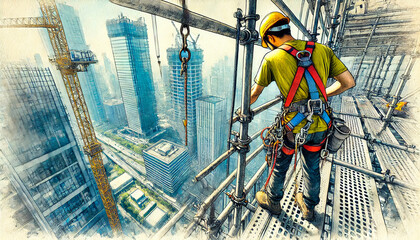 Construction Worker on High Scaffold Over City.