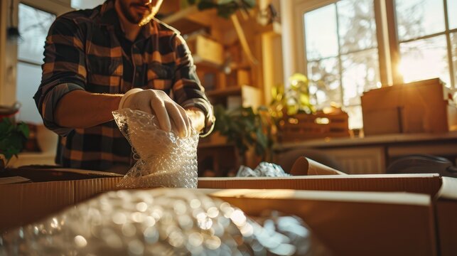Individual wrapping a treasured item in bubble wrap, surrounded by moving boxes and packing materials in a sunlit room