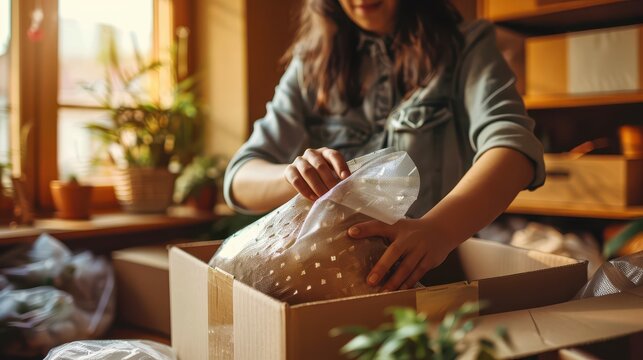 Individual wrapping a treasured item in bubble wrap, surrounded by moving boxes and packing materials in a sunlit room