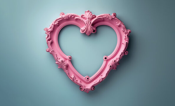Pink ornamental heart shaped frame on a wall, empty copy space in middle. Generative AI