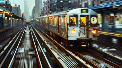 Fototapeta premium Blurred image of a metro speeding on its way to a destination in the city.