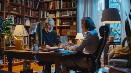 Mature couple in their home office having a video call with their financial advisor, discussing investment plans, relaxed and focused expressions, bookshelves in the background