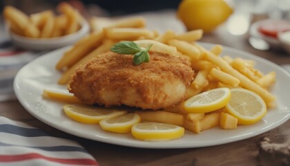 Top breaded chicken fillet fried with cheese served with sliced tomatoes lemons and french fries