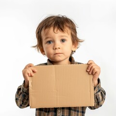 poor child and hand holds a cardboard, standing isolated on white background, looking directly at the camera with an attentive expression