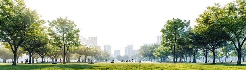 Bustling city park with people green lawns