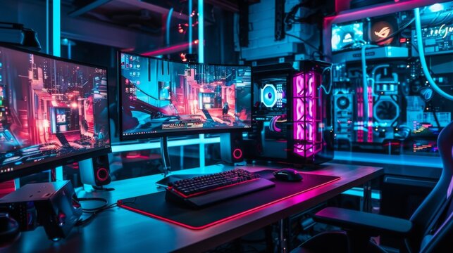 High-end gaming setup with dual monitors and neon lighting. Modern gamer workspace concept. - Powered by Adobe