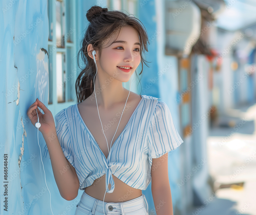 Wall mural portrait of a girl wearing a white suspender dress in summer