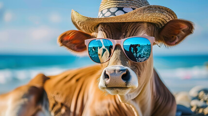 Relaxing cow with sun hat and sunglasses on beach.