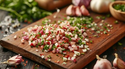 Fototapeta premium A cutting board with minced red garlic cloves and herbs, ready to be mixed into marinades or salad dressings.