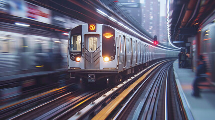 Obraz premium Blurred image of a metro speeding on its way to a destination in the city.