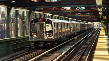 Fototapeta premium Blurred image of a metro speeding on its way to a destination in the city.