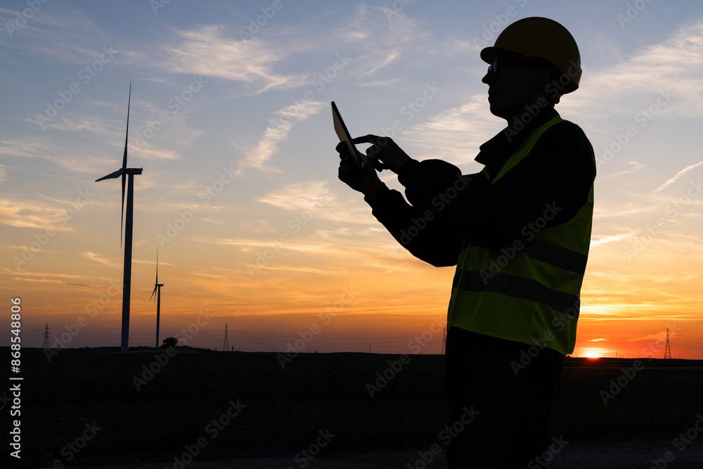 Aufkleber engineer with digital tablet works on a field of wind turbines at sunset