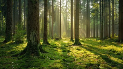 Fototapeta premium A serene forest with tall trees, a carpet of moss, and dappled sunlight
