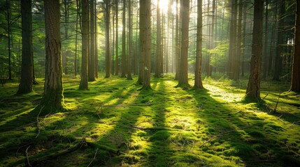 Obraz premium A serene forest with tall trees, a carpet of moss, and dappled sunlight