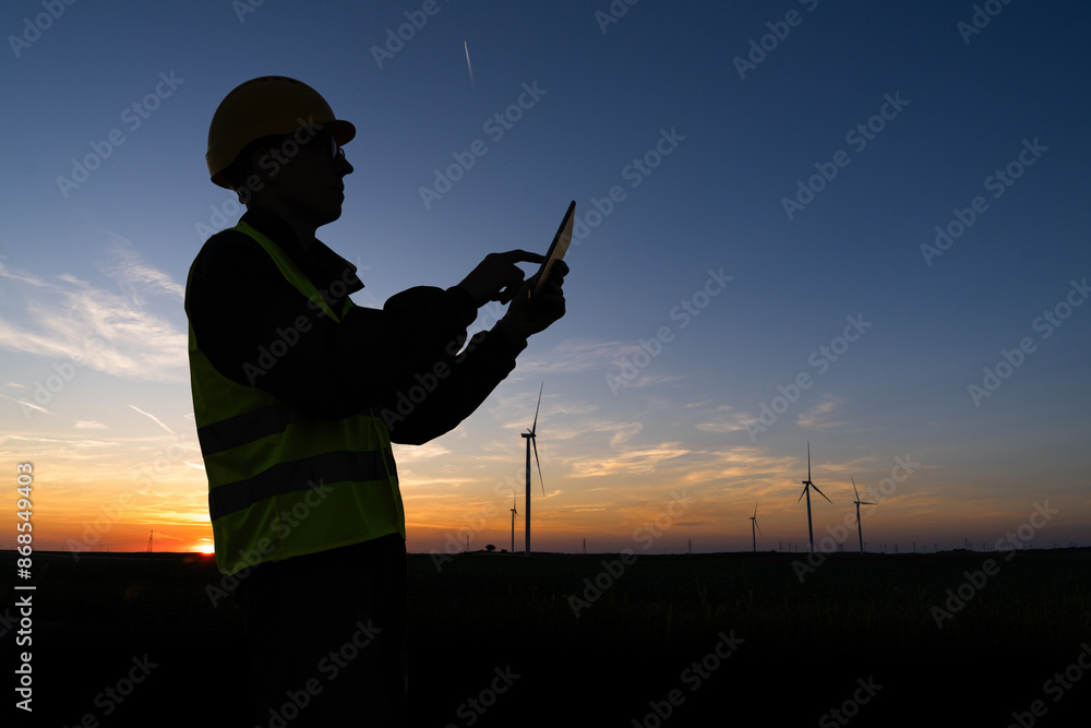 Aufkleber engineer with digital tablet works on a field of wind turbines at sunset