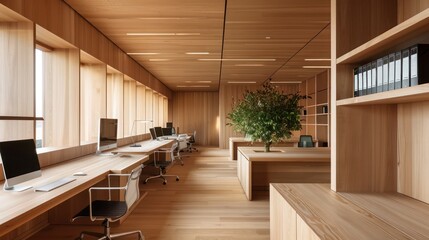 minimalist office with clean wooden lines and a focus on sustainability