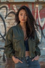 Fototapeta premium 14 An Asian fashion model in a bomber jacket, posing dynamically in an urban alley
