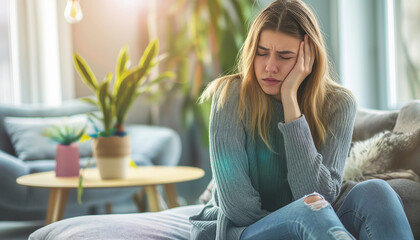 Stressful young woman sitting on a sofa and suffering from headache with hand holding her head
