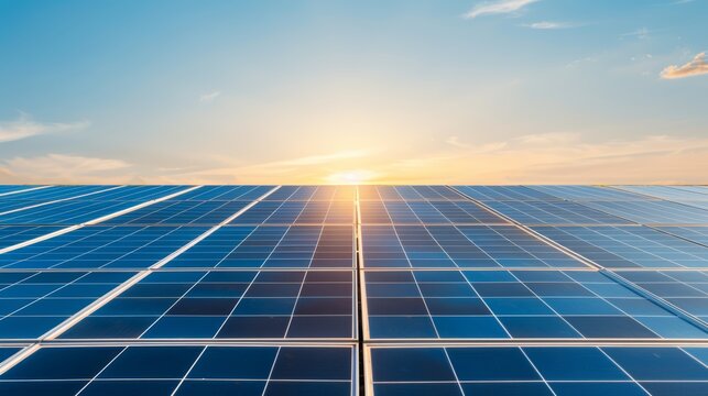 Corporate investment in expansive solar farms, rows of photovoltaic panels under a clear sky, promoting decarbonization and renewable energy, backed by sustainable finance initiatives