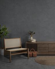 Abstract interior space background. 3d rendering of living room with empty concrete wall.