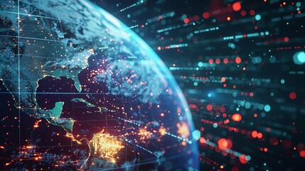 Digital World Globe, Global Network Connectivity, High-Speed Data Transfer, Cyber Technology Concept on Earth