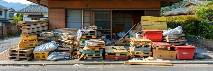 A cluttered pile of pallets and debris sits in front of a home