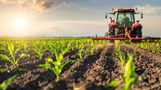 A farmer using a tractor-mounted planter to sow corn seeds in prepared soil, ensuring even spacing and efficient planting.