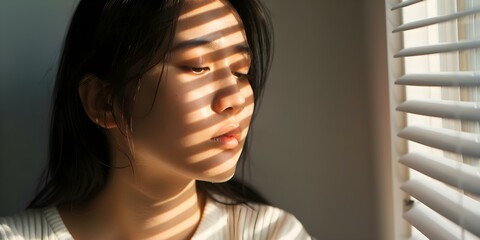 Alone in a dark bedroom, a depressed Asian woman seeks solace in the sunlight peeking through the blinds. Concept Depression, Solitude, Seeking Hope, Asian Woman, Coping Mechanisms
