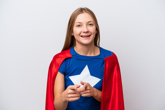 Super Hero Russian woman isolated on white background pointing to the front and smiling
