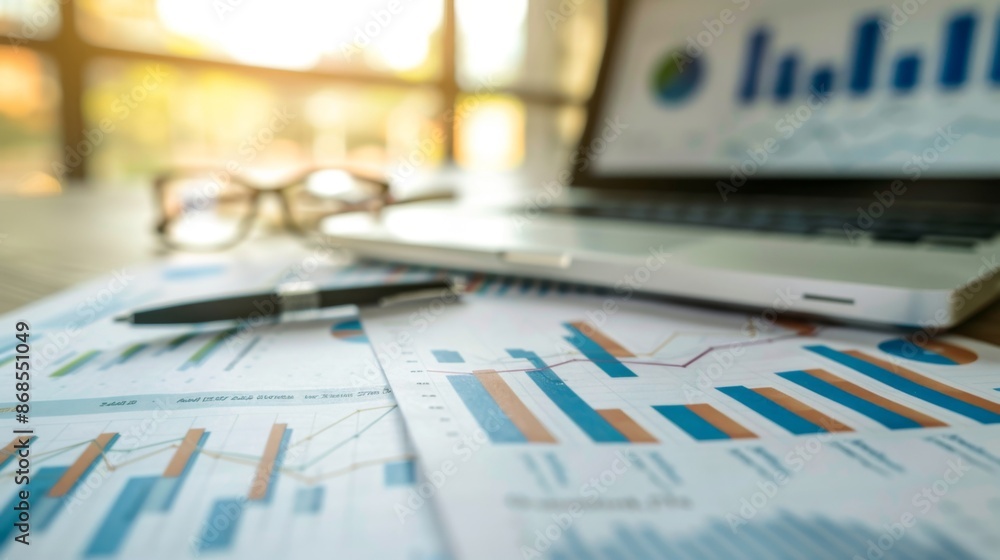 Leinwandbilder a financial report with multiple graphs and charts laid out on a desk, ready for presentation and di