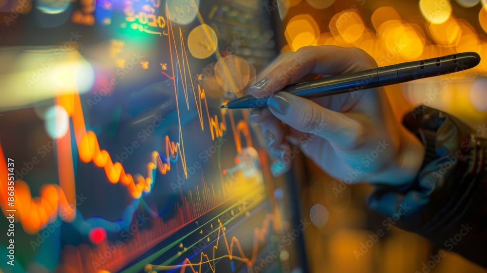 Leinwandbilder A gold market researcher using a digital pen to annotate a gold price graph on a touchscreen display.