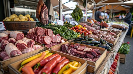 Fresh produce and meat on display at a market. Food and grocery shopping concept.