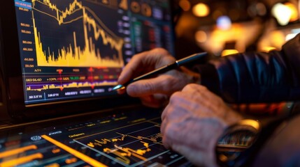 A gold market researcher using a digital pen to annotate a gold price graph on a touchscreen display.