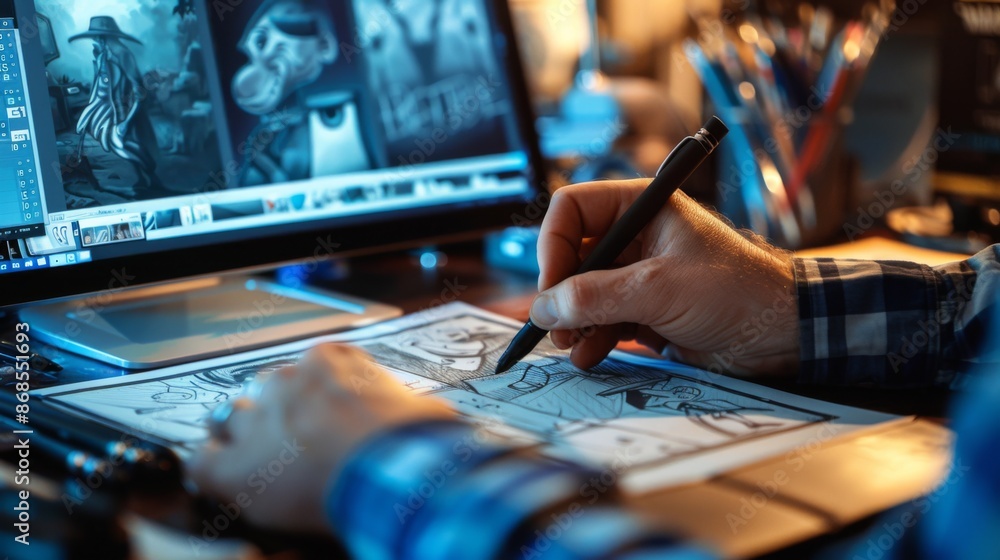 Poster a graphic artist using a digital pen to sketch storyboards for an animated video, planning visual se