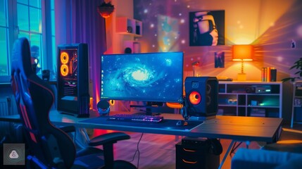 Gaming station with RGB lights in a cozy room. Home entertainment and gaming concept.