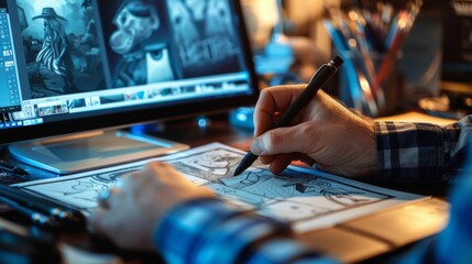 A graphic artist using a digital pen to sketch storyboards for an animated video, planning visual sequences and transitions.