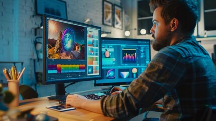 A graphic designer arranging typography and visuals on a computer screen, crafting a magazine layout with precision and creativity