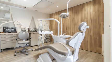 modern dental office with calming, light oak wood panels on the walls, designed to soothe patients