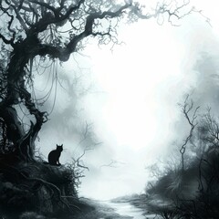 Eerie Spooky Forest Path with Fog, Twisted Trees, Black Cat, and Spider Webs on Isolated White Background - Halloween Concept.