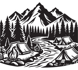  A night-time camping scene with a tent pitched under a star-filled sky.