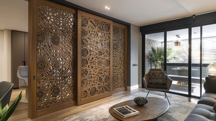modern home office with a sliding wall panel of intricately carved wood, combining functionality with art
