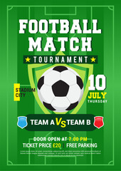 Football Match tournament template poster design vector illustration. Ball on soccer pitch