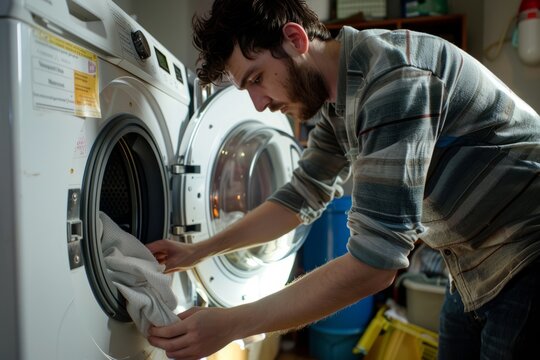 A man is loading the washing machine with laundry, adding garments one by one, this routine moment highlights the importance of household chores in daily life and maintaining order